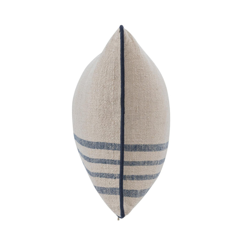 Natural linen pillow with blue stripes and dark piping, vertical side view.