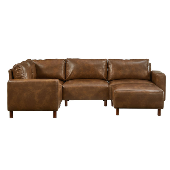 Dark brown modular L-shaped sectional sofa with padded backrests and ottoman corner