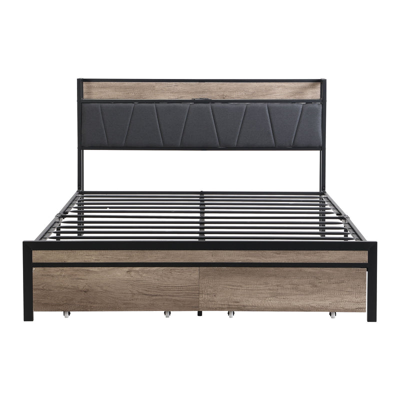 Modern Bed Frame With LED Lights, Upholstered Headboard, USB Charging