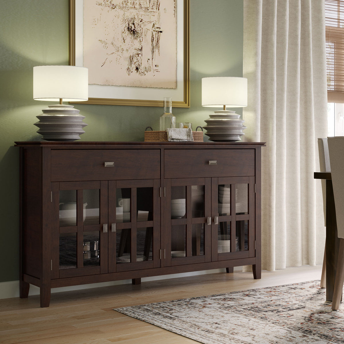 Dark chestnut brown four-door sideboard buffet with two drawers and glass-paneled cabinet doors