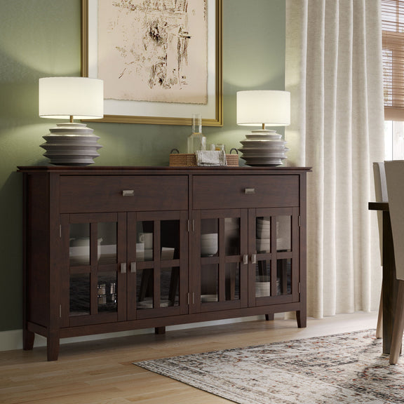 Dark chestnut brown four-door sideboard buffet with two drawers and glass-paneled cabinet doors
