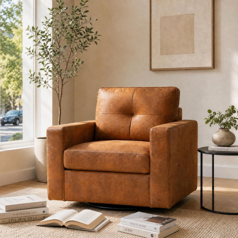 Light brown upholstered single sofa chair with high back and padded armrests