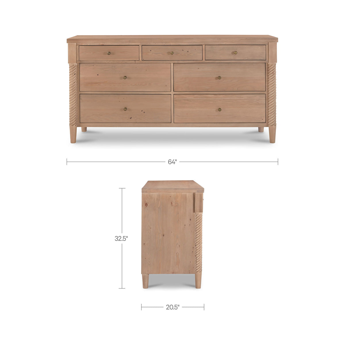 Natural wood dresser with 7 drawers, metal knobs, woven side accents