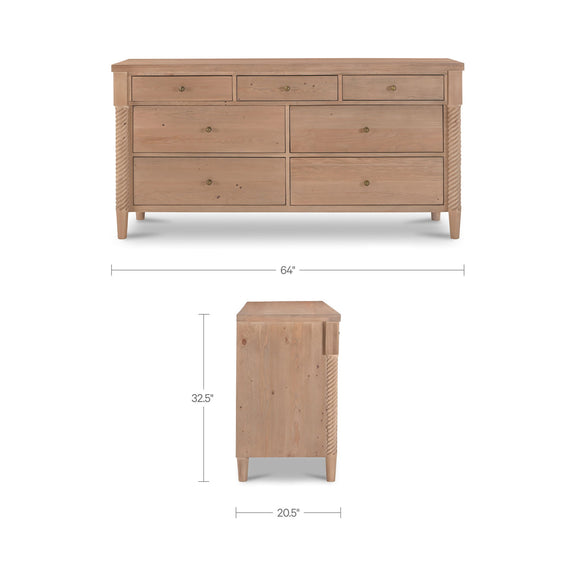 Natural wood dresser with 7 drawers, metal knobs, woven side accents