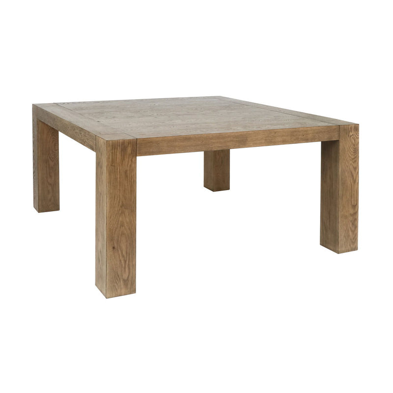 Square dining table in cafe-brown wood with corner posts and plank top