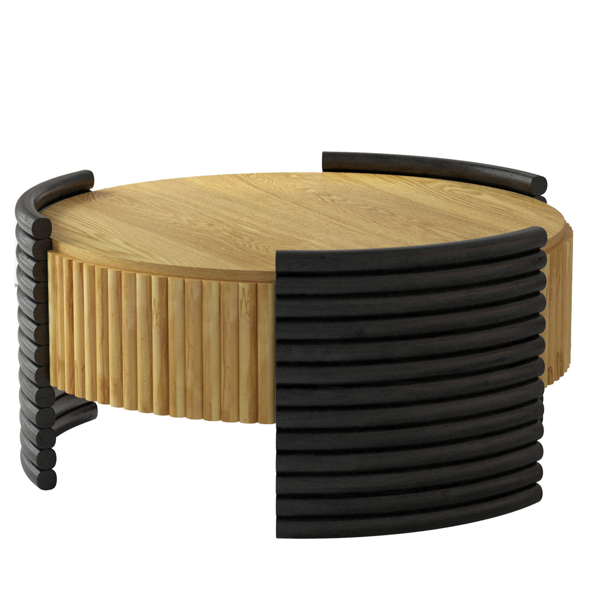 Round coffee table with flip-top storage, light wood top with dark slat side panels