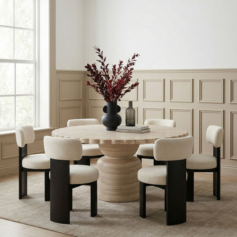 Indoor/outdoor pedestal table with round scalloped beige top
