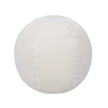 Round pillow with pale cream fabric and curved seam lines.