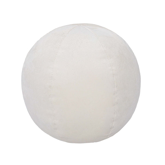Round pillow with pale cream fabric and curved seam lines.