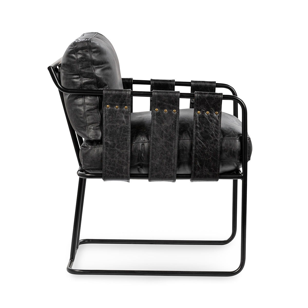 Black leather dining chair with padded seat and back, metal frame with arched base
