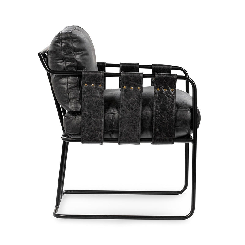 Black leather dining chair with padded seat and back, metal frame with arched base