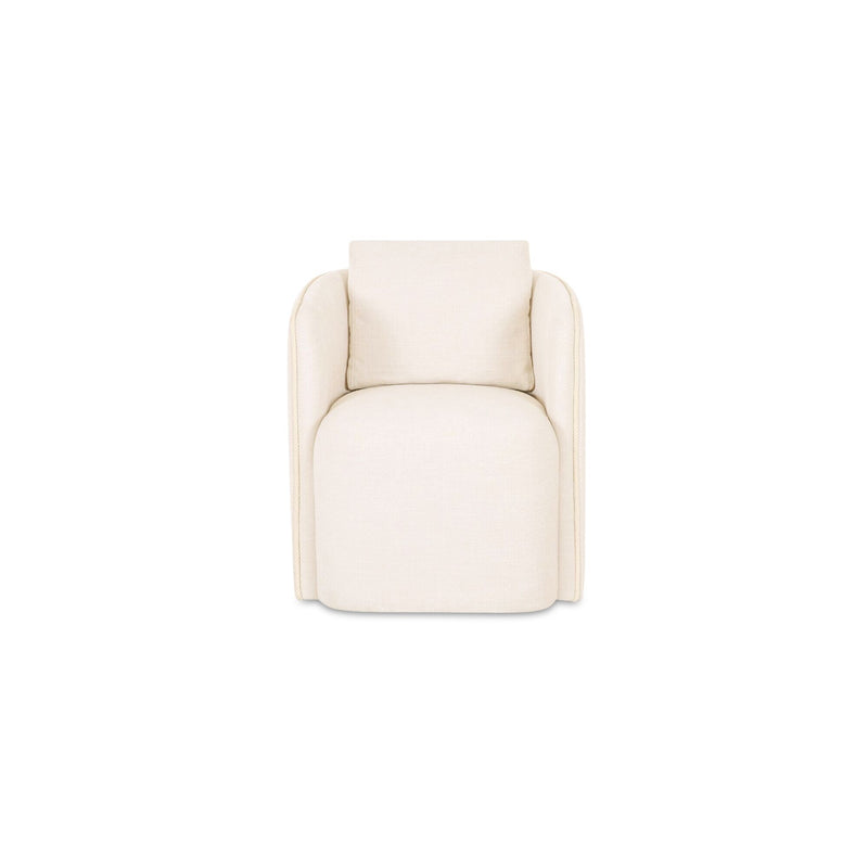 Warm white upholstered dining chair with padded seat and tall backrest