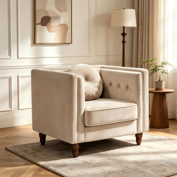 Beige tufted accent side chair with square arms and deep cushioned seat
