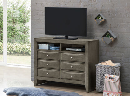 Dark gray media chest with two open shelves and six drawers, metal knobs.