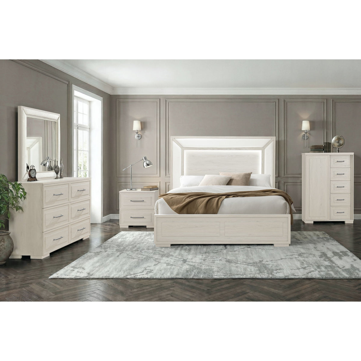 Beige rectangular mirror on wall, slim textured frame and clear glass surface