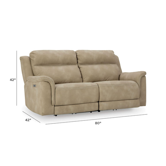 Beige power reclining sofa with padded arms, back and seat cushions, recline sections