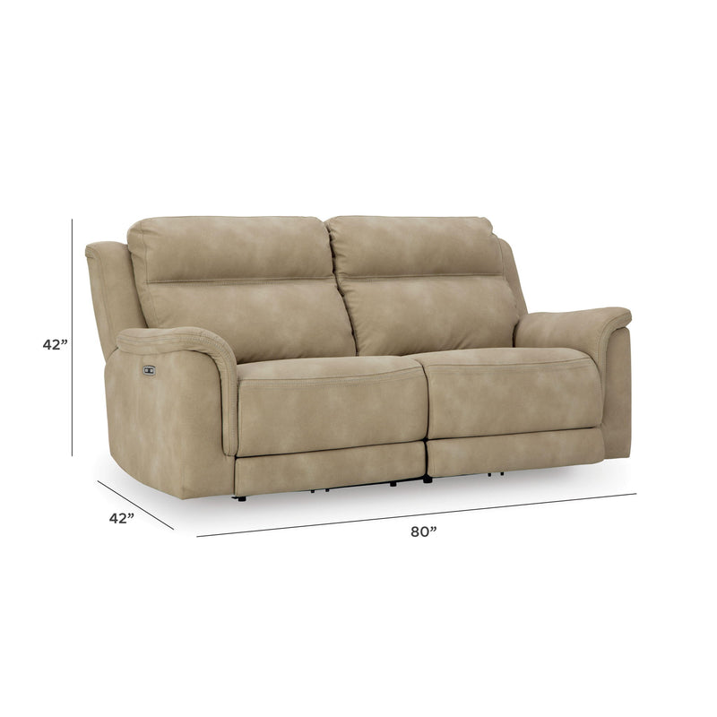 Beige power reclining sofa with padded arms, back and seat cushions, recline sections