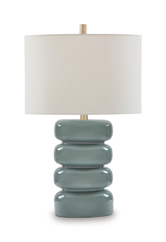 Ceramic table lamp with gray-blue rounded stacked ceramic base and white drum shade