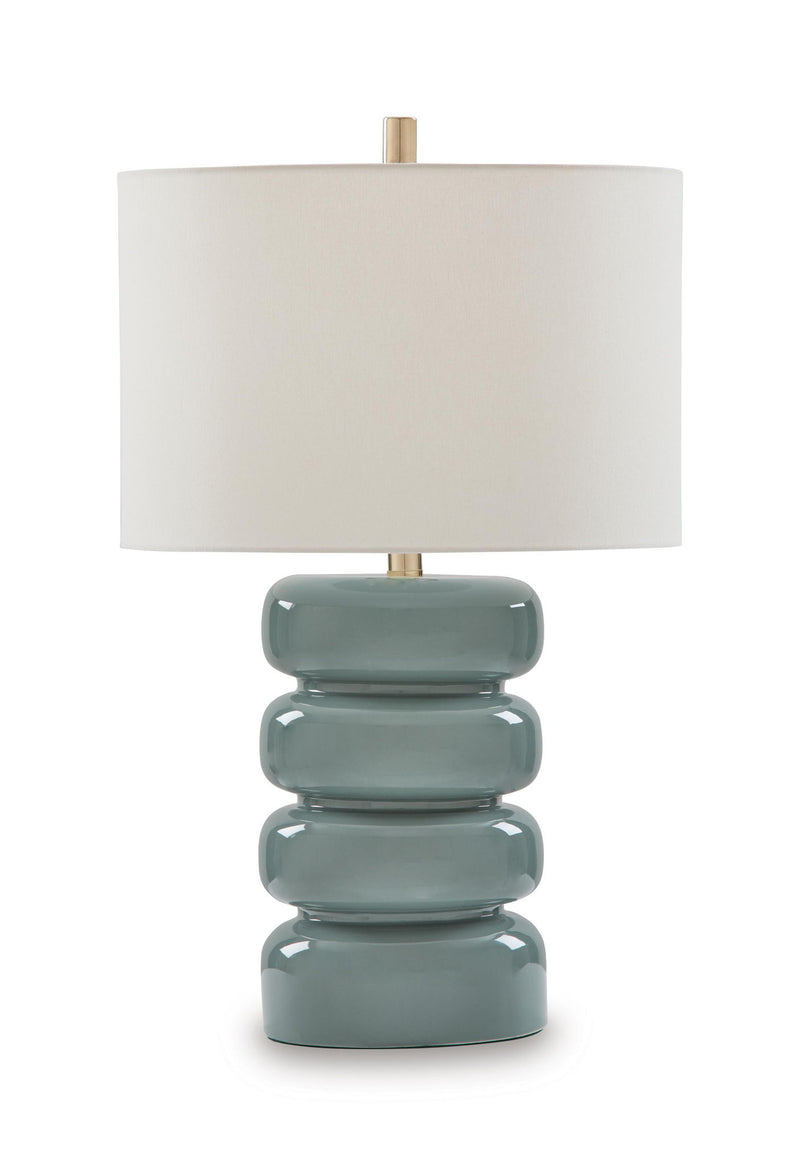 Ceramic table lamp with gray-blue rounded stacked ceramic base and white drum shade