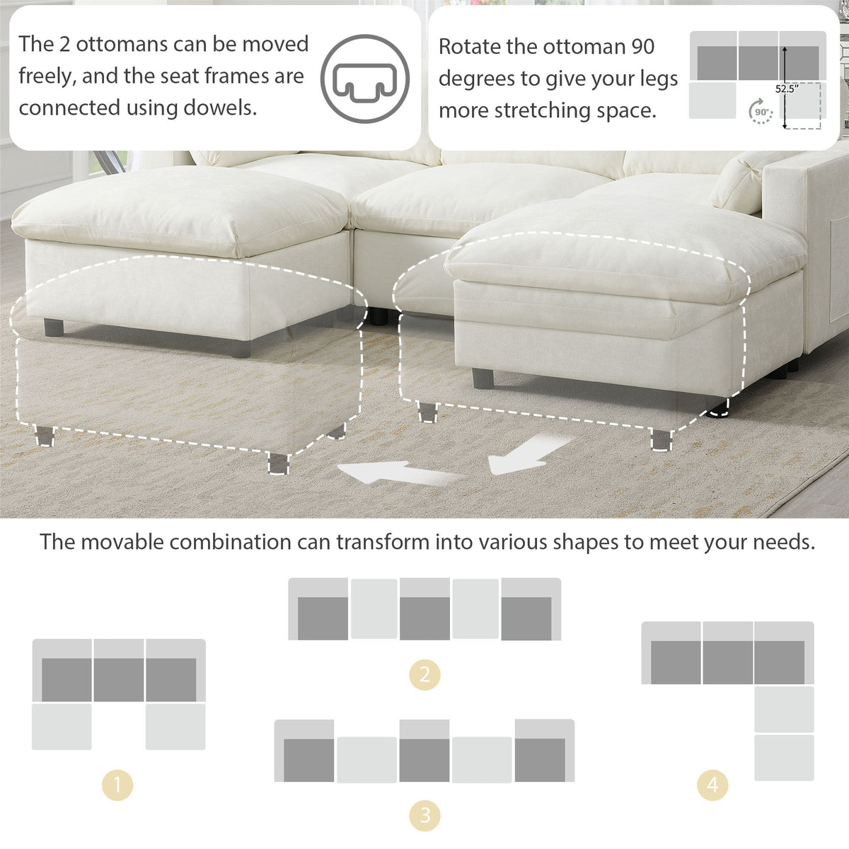 Modular Sectional With Storage Pockets, 5 Seat U Shaped Couch Set With Pillows, Free Combination Modern Cloud Sofa With 2 Movable Ottoman