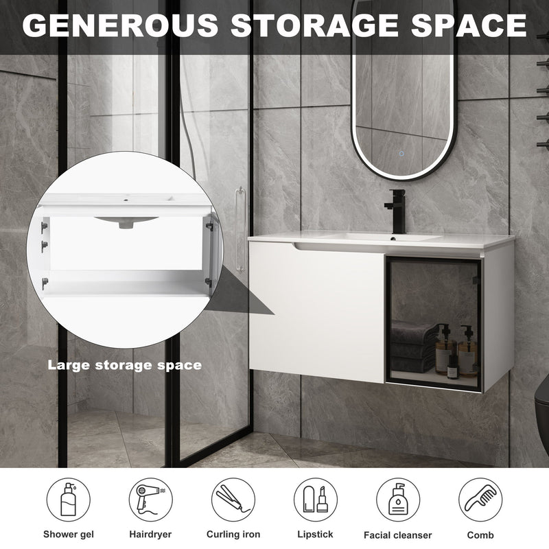 White wall-mounted vanity with open cabinet storage and glass-front door