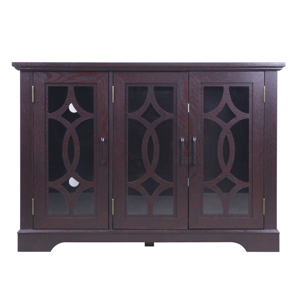 Ox blood red sideboard with three glass-panel doors and ornate diamond lattice