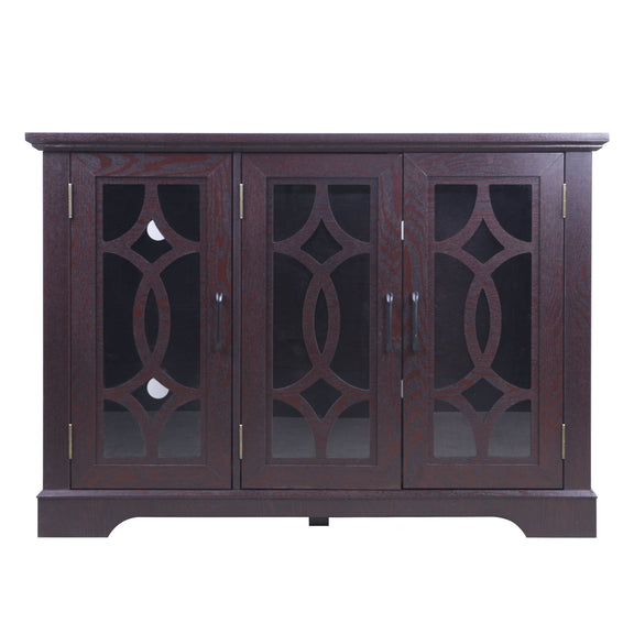 Ox blood red sideboard with three glass-panel doors and ornate diamond lattice