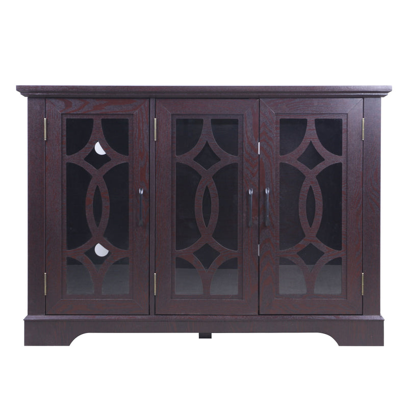 Ox blood red sideboard with three glass-panel doors and ornate diamond lattice