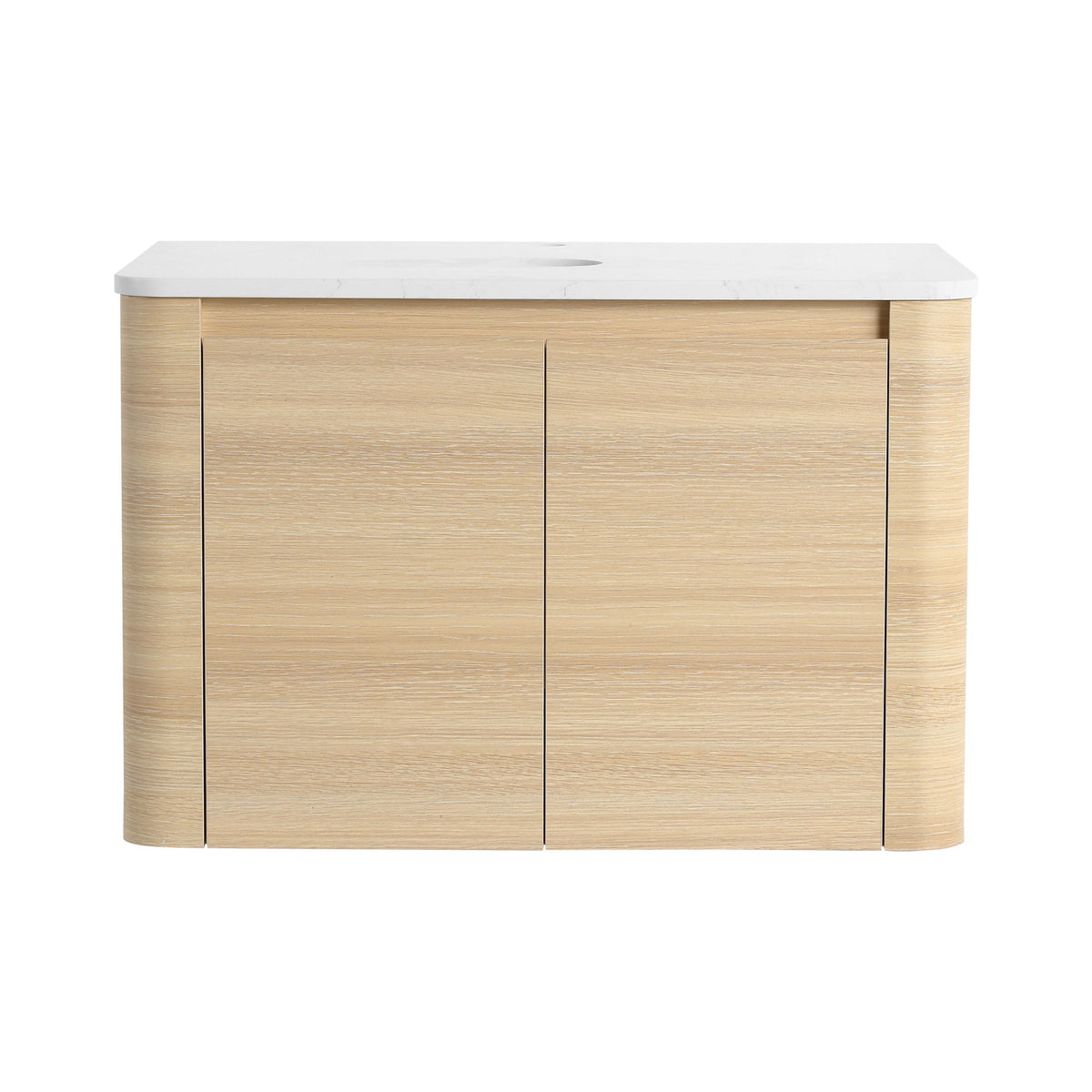 Light wood bathroom vanity cabinet with white countertop and two doors, oval opening