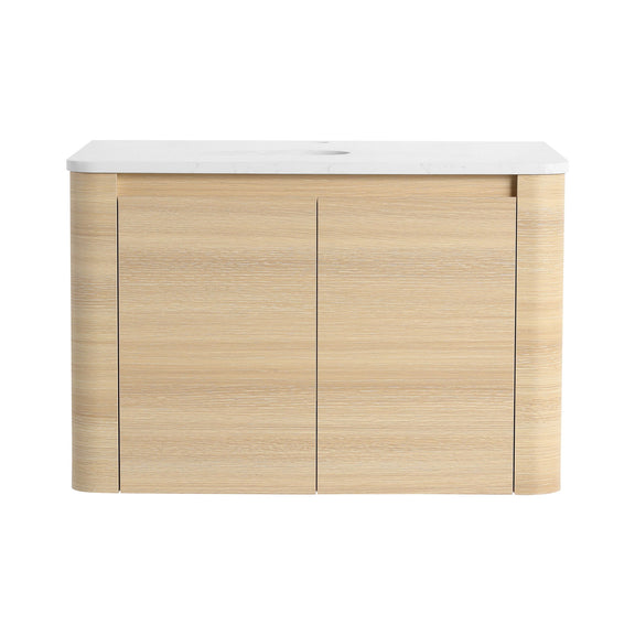 Light wood bathroom vanity cabinet with white countertop and two doors, oval opening
