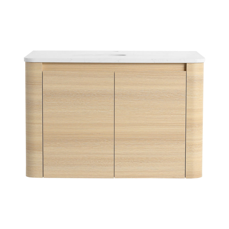 Light wood bathroom vanity cabinet with white countertop and two doors, oval opening