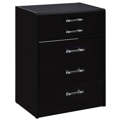 Black makeup vanity cabinet with four drawers and shiny chrome bar handles