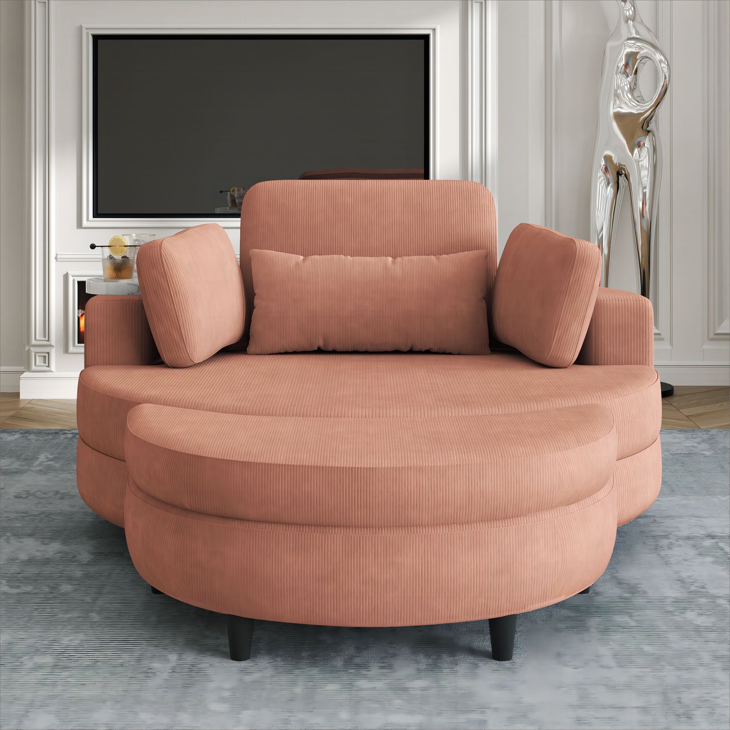 Corduroy Sofa With Two Throw Pillows And A Waist Pillow With An Extra Tray For Comfortable Seating In Small Apartment Bedrooms