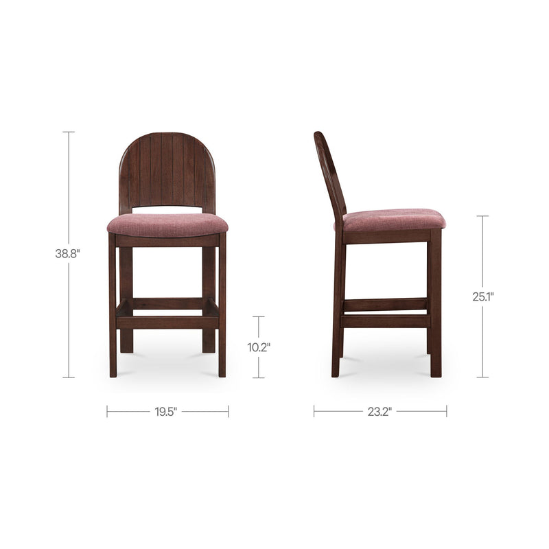 Dark wood counter stool with arched back and berry upholstered seat, footrest