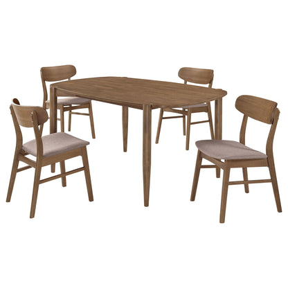 Dark brown dining set with rounded tabletop and 4 upholstered dining chairs