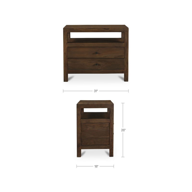 Dark brown wooden nightstand with two drawers, front view with size diagram