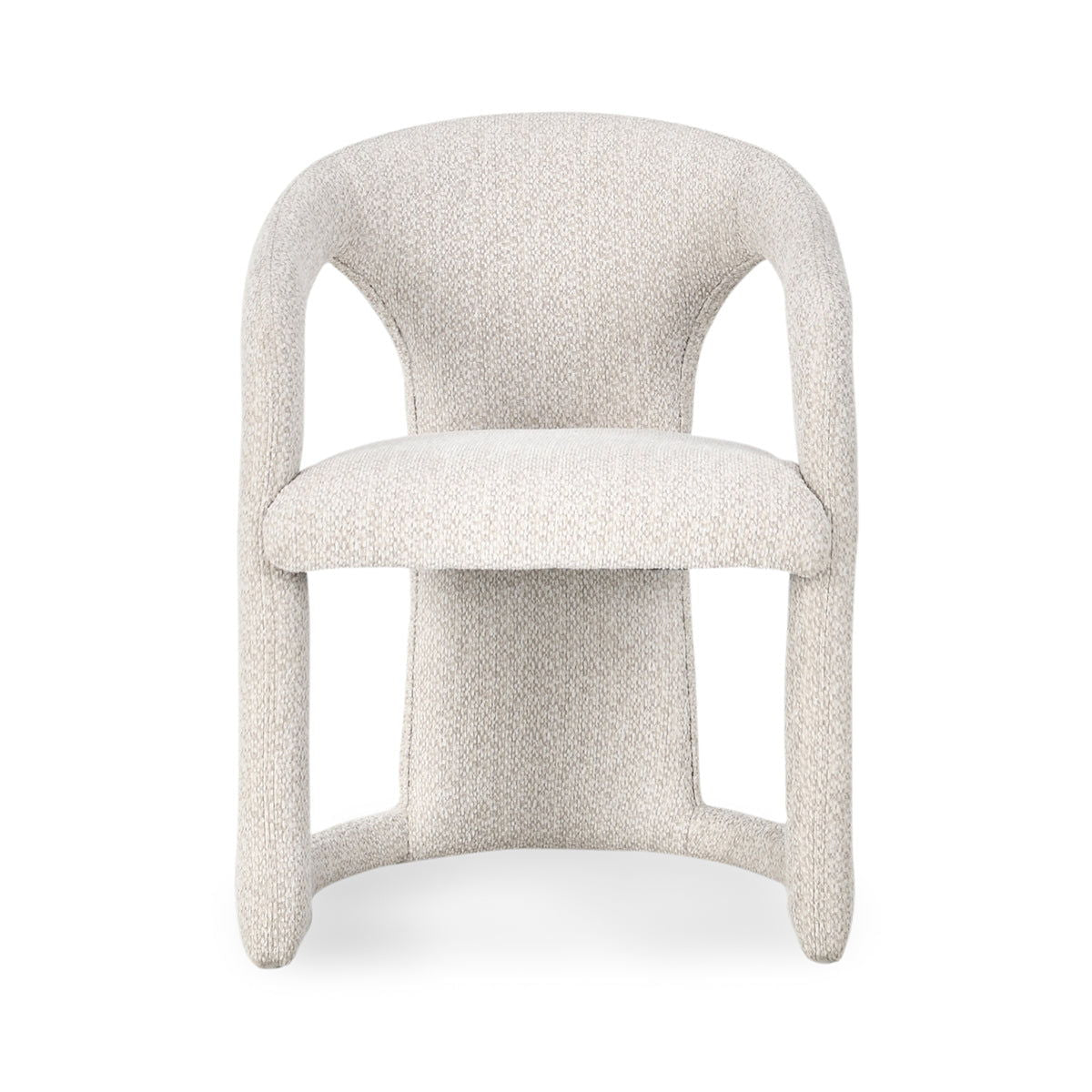 Light beige upholstered dining chair with curved arms and square front seat cushion
