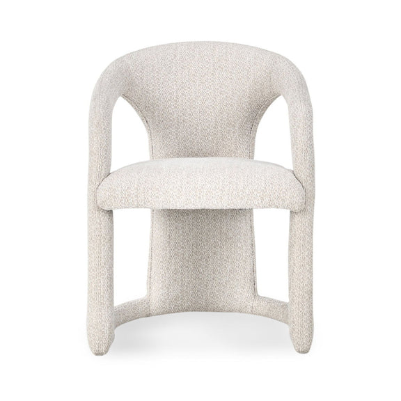 Light beige upholstered dining chair with curved arms and square front seat cushion