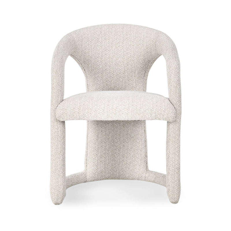 Light beige upholstered dining chair with curved arms and square front seat cushion