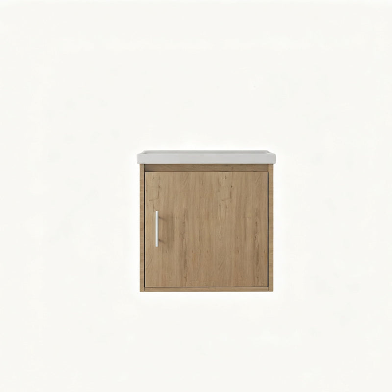 Wall-mounted bathroom vanity cabinet with sink, light brown wood door and silver handle