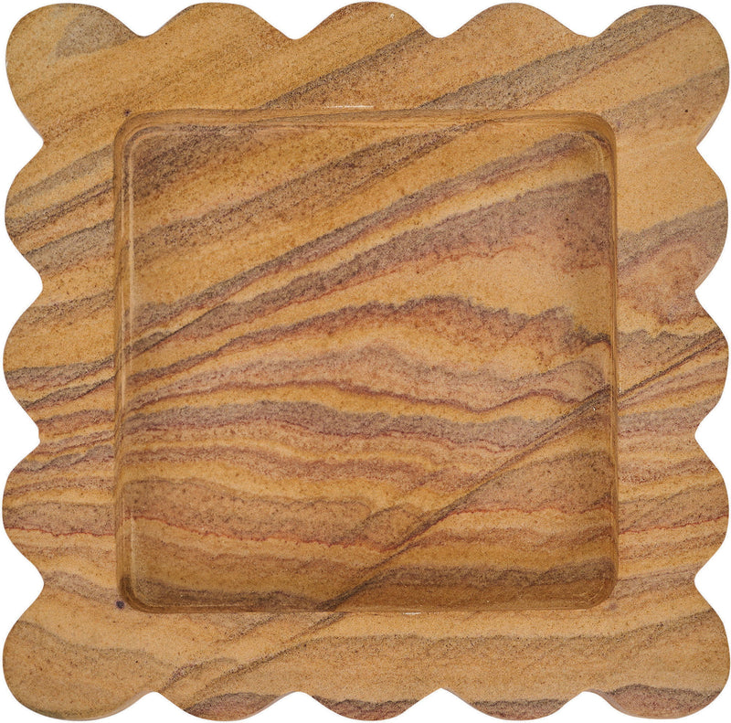 Sandstone wooden serving tray with recessed center and striped wood grain