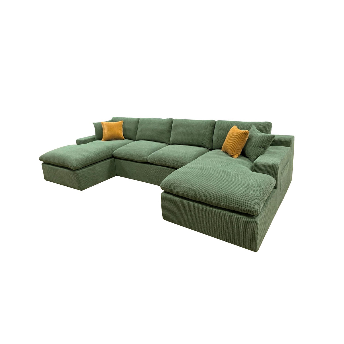 Dark green U-shaped sectional sofa with chaise cushions and two mustard accent pillows