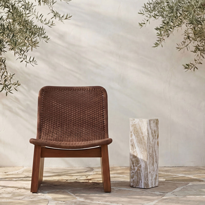 Cream tall outdoor side table, rectangular stone column with beige veining