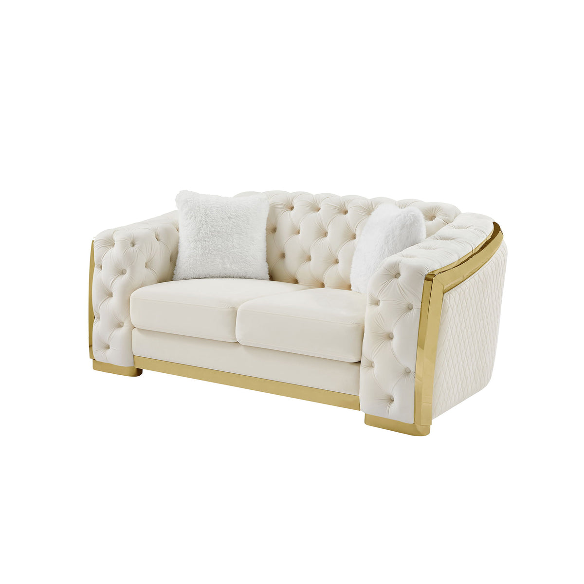 White two-seat loveseat sofa with button-tufted diamond back and plush accent pillows