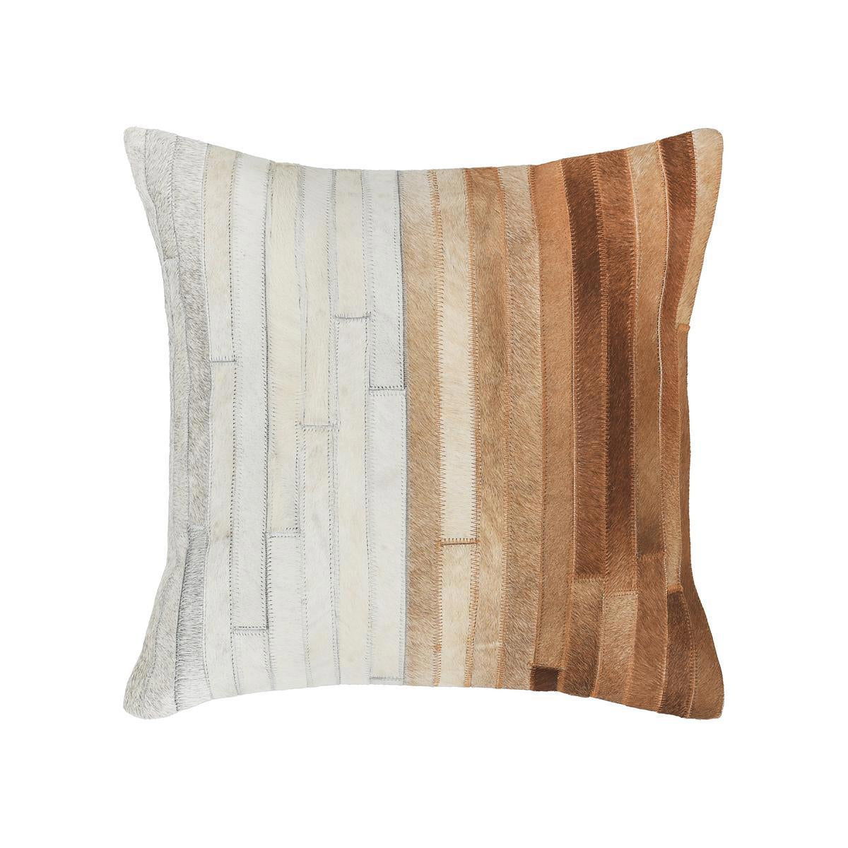 Tan multi hide pillow with stitched geometric stripes in cream, grey, and brown