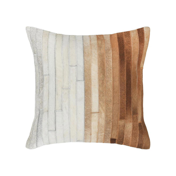 Tan multi hide pillow with stitched geometric stripes in cream, grey, and brown