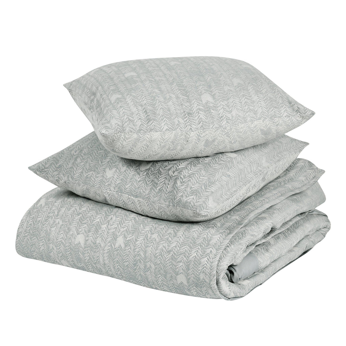 Folded storm gray herringbone duvet set with two shams and rolled duvet
