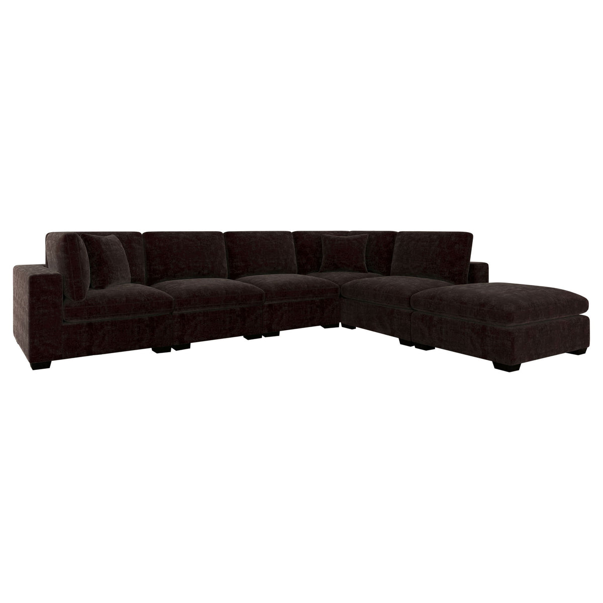 Dark brown modular sectional sofa with chaise ottoman, low-profile cushioned design