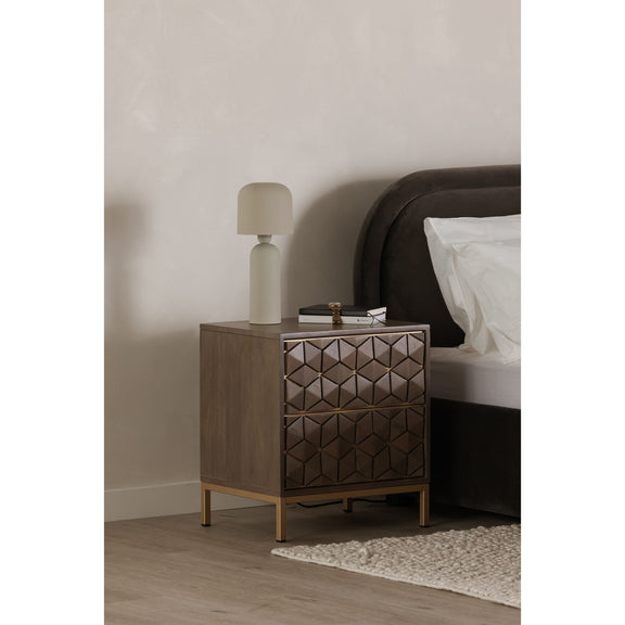 Gray geometric nightstand with patterned drawer front and slim legs