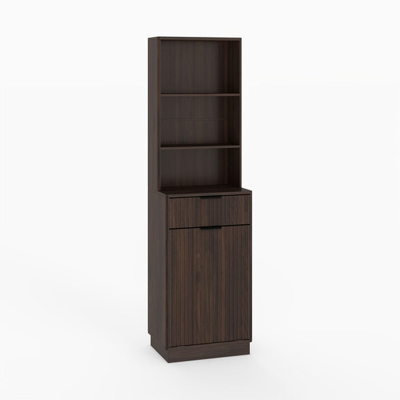 Dark brown tall fluted storage cabinet with three open shelves, a drawer, and closed lower door